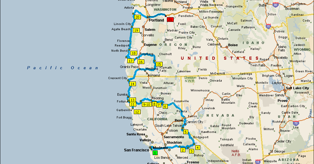 Reisverslag 2013 USA San FranciscoSeattle Gemaakte route camperreis 2013